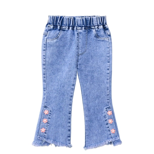 Pantalones vaqueros largos para niños, ropa de verano, estilo occidental, de cintura alta, ligeramente acampanados, pantalones cortos casuales elásticos para niñas, pantalones vaqueros para niñas