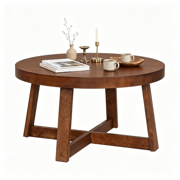 FUNA 30 Inch Round Farmhouse Coffee Table Thick Tabletop with Stable X-Base Holds 220 LBS