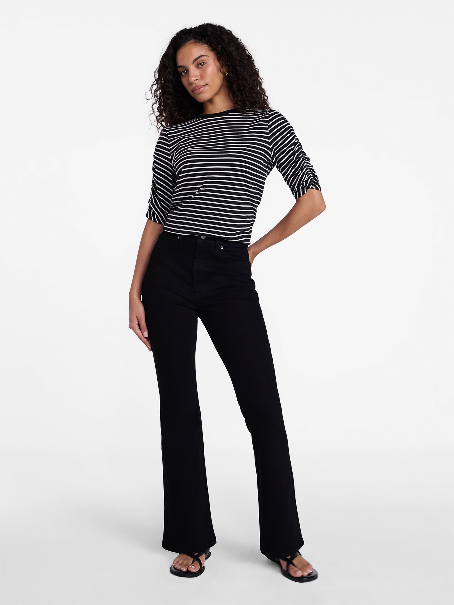 Time and Tru Women's Ruched Elbow Sleeve Tee, Sizes XS-XXXL