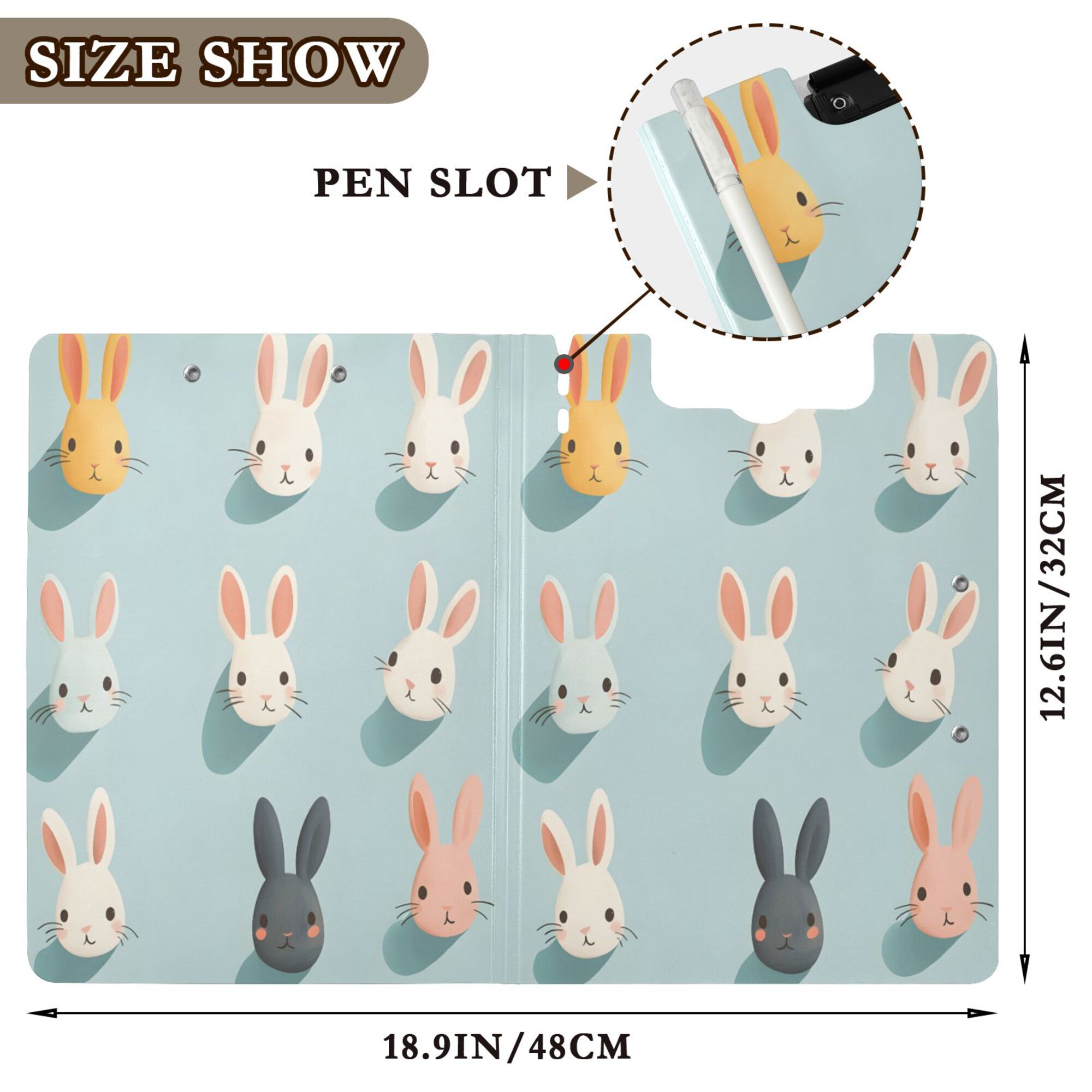 FORMRS A4 Clipboard Folder with Pen Holder Horizontal Foldable School Office Binder, Green Cute Rabbits
