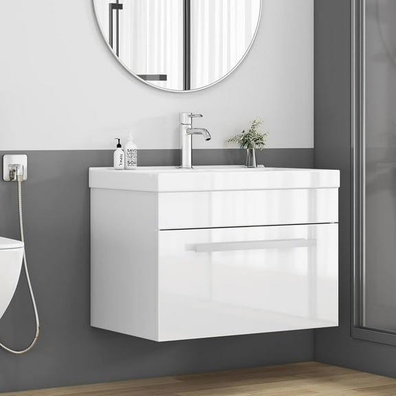 Censei 24-Inch Bathroom Vanity with Sink Combo,1 Large Drawer,Soft-Close System, Modern Wall Mounted Design, Extra Thick-Edged Ceramic Basin,Glossy White