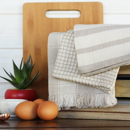 3 Dish Towels - Little Ole Mill (3) Piece Kitchen Towel Set - Grey - (1) Woven Plaid, (1) Waffle Weave, (1) Stripe - 100% Cotton - 18