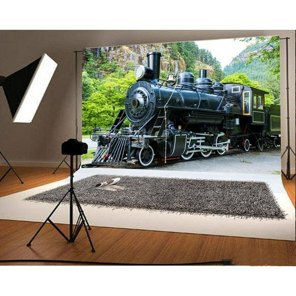 GreenDecor Polyester Fabric Vintage Steam Engine Backdrop 7x5ft Photography Backdrop Locomotive Train Mountains Green Trees Railway Children Baby Kids Photographic Photos Video Studio Props