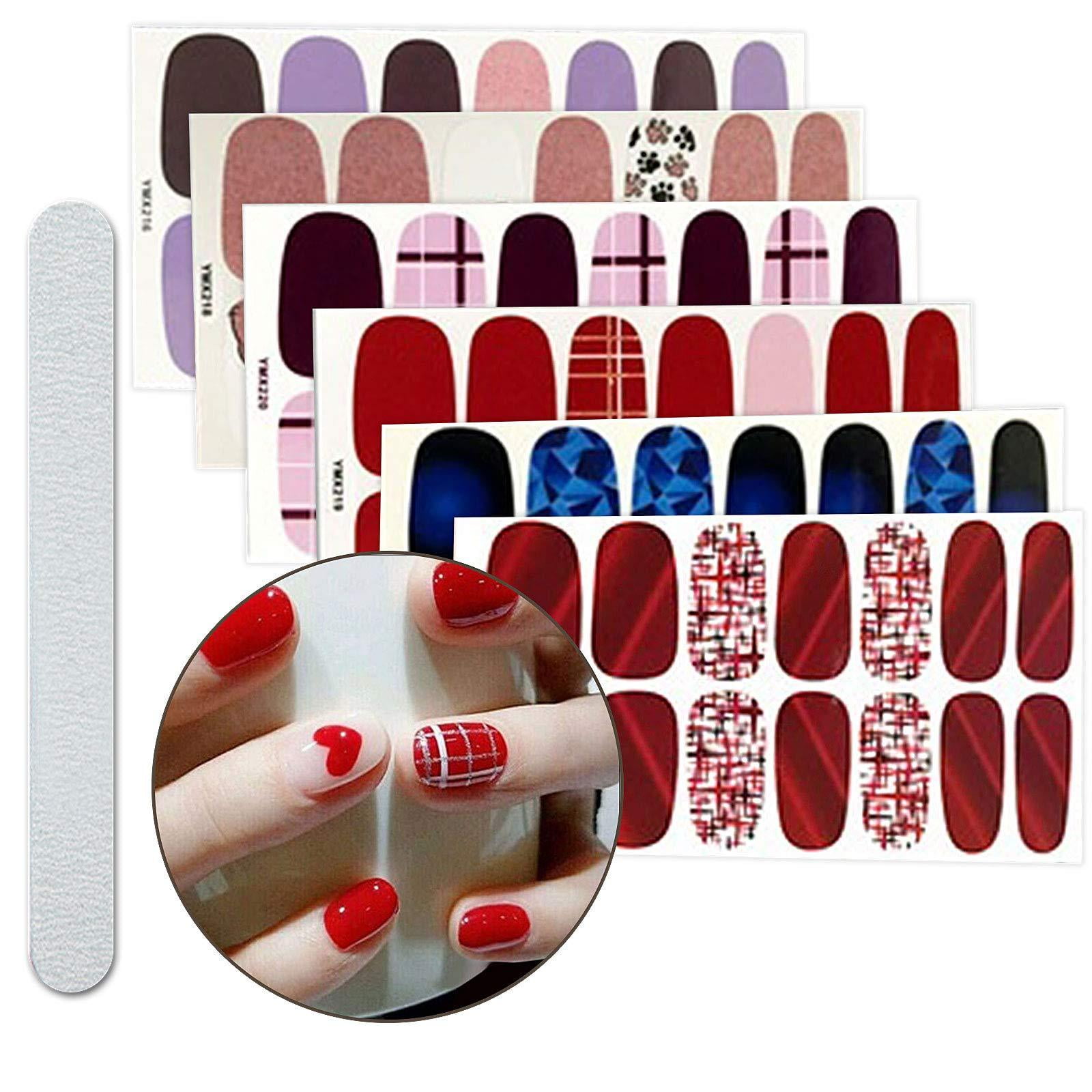 6 Sheets Full Nail Art Polish Stickers Strips Self-Ashesive False Nail ...