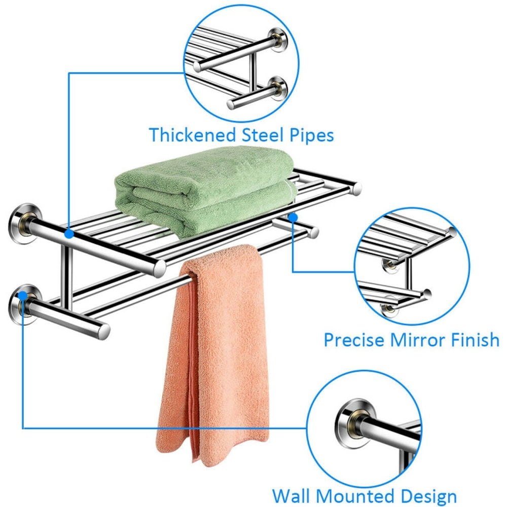 Finihen Towel Rack, Towel Holder, 24 Inch Wall Mounted Stainless Steel Towel Storage Rack with 2 Storage Tier, for Bathroom, Silver