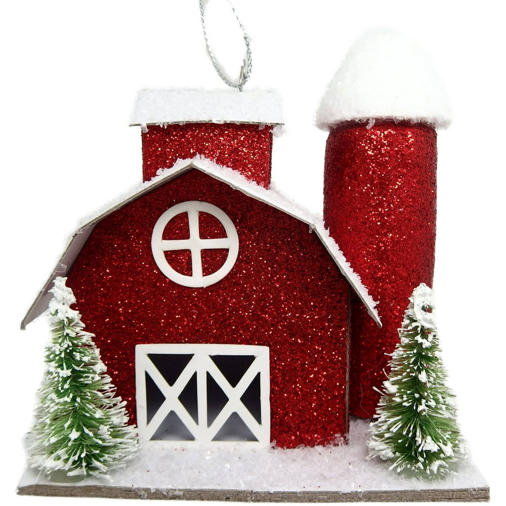 Holiday Time Christmas Ornaments 4Piece Red Glitter House Ornament
