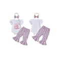 thumbnail image 2 of BemeyourBBs Aunties Bestie Baby Clothes Newborn Baby Girl Spring Summer Outfits Letter Short Sleeve Romper with Leopard Bell Bottoms Flare Pants Set and Bow Headband, 2 of 8