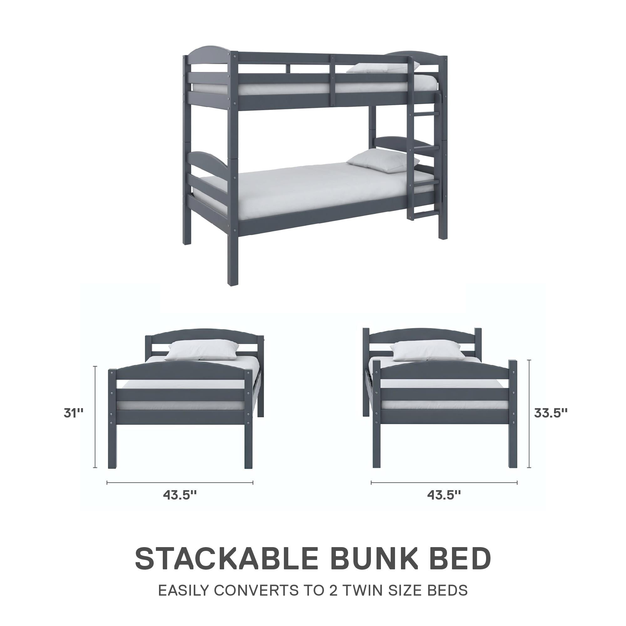 Better Homes & Gardens Leighton Solid Wood Twin-over-Twin Convertible Bunk Bed, Gray