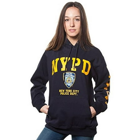 - Adult Nypd Navy Pullover Hoodie with Yellow Chest and Sleeve Print