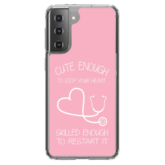 DistinctInk Clear Shockproof Hybrid Case for Galaxy S21 5G (6.2" Screen) - TPU Bumper, Acrylic Back, Tempered Glass Screen Protector - Pink Nurse Stethoscope Heart - Support for Nurses