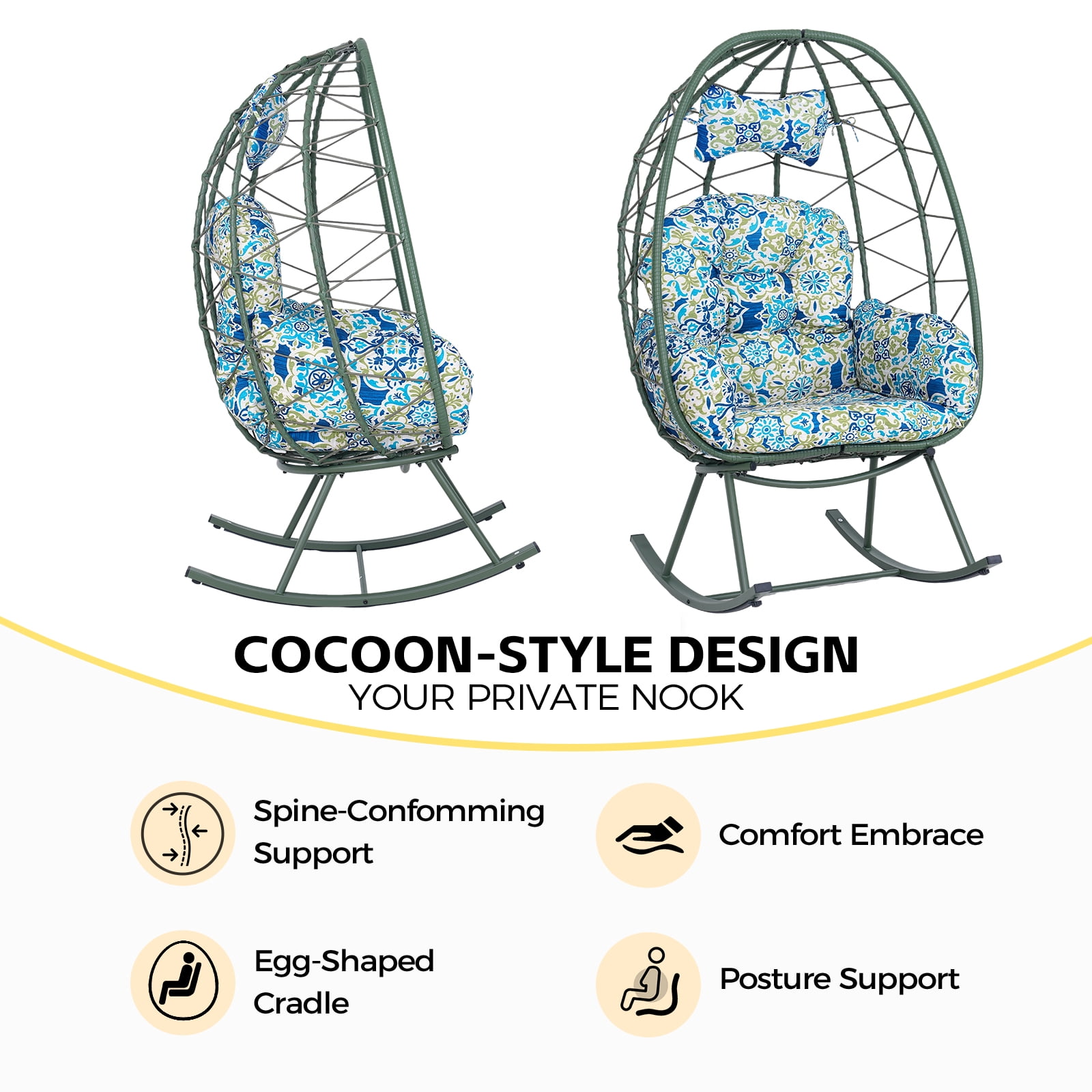 Foldable Wicker Egg Rocking Chair, 330LBS Capacity Cocoon Lounge Chair with Thick Cushion & Pillow, Weather Resistant Rattan Single Rocker for Patio Balcony Bedroom Living Room