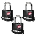 thumbnail image 1 of Master Lock 311TRI Candado de acero laminado con llaves iguales, paquete de 3, negro, 1 of 5