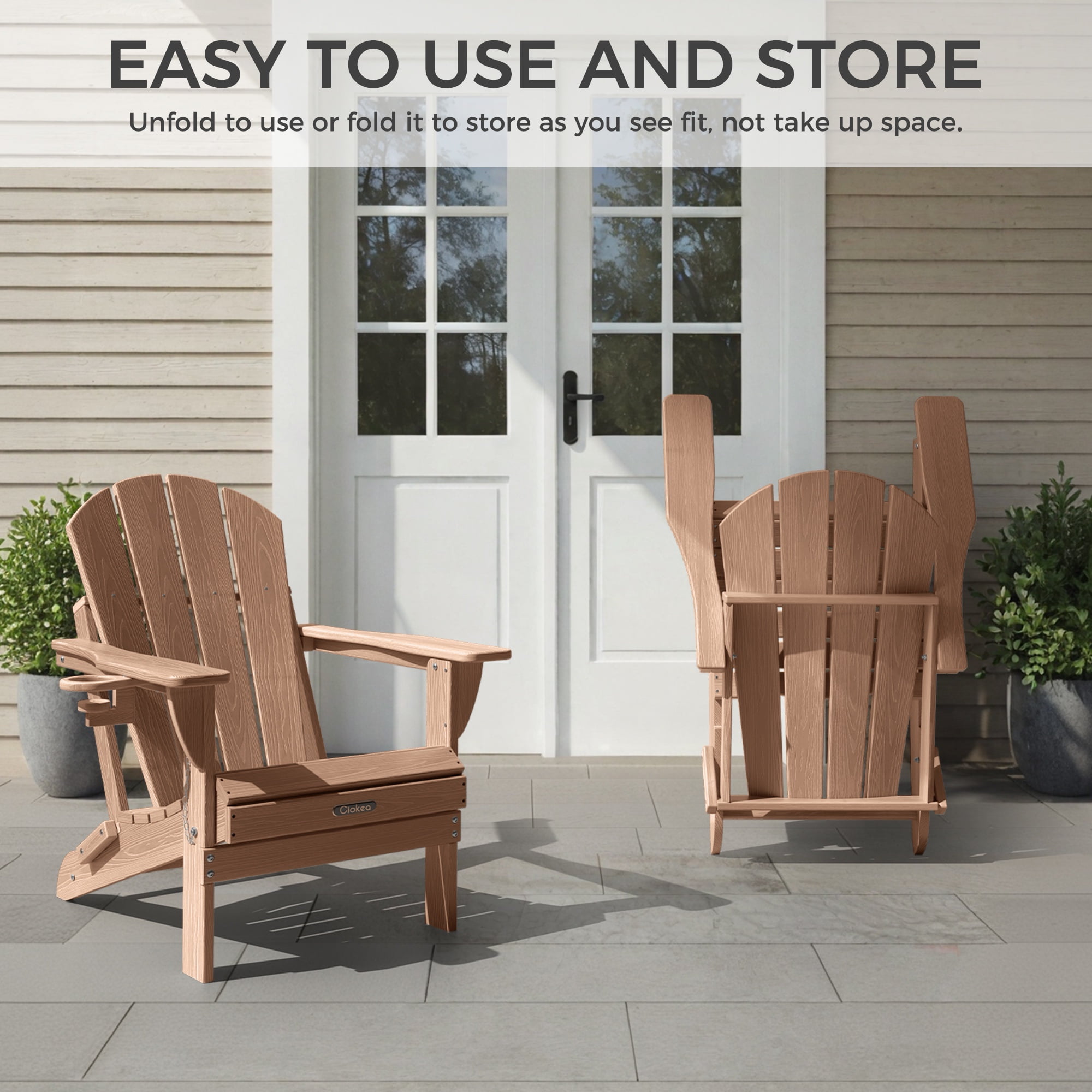 Ciokea Wood Adirondack Chair Folding Outdoor Patio Chairs Fire Pit with Cup Holder Pool Porch Garden Brown