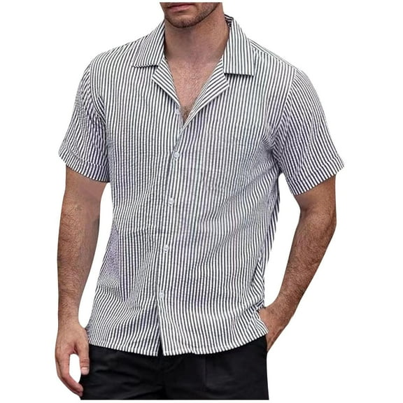 WREESH Men's Beach Fashion Short Sleeve Button Down Shirt with Cuban Neck and Striped Pattern Black