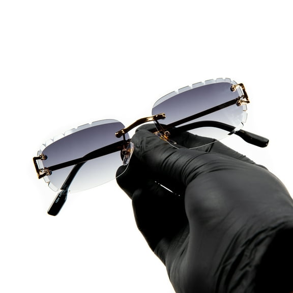 Men's Purple Tint Rimless Hand Carved Diamond Cut Gold Frame Sunglasses