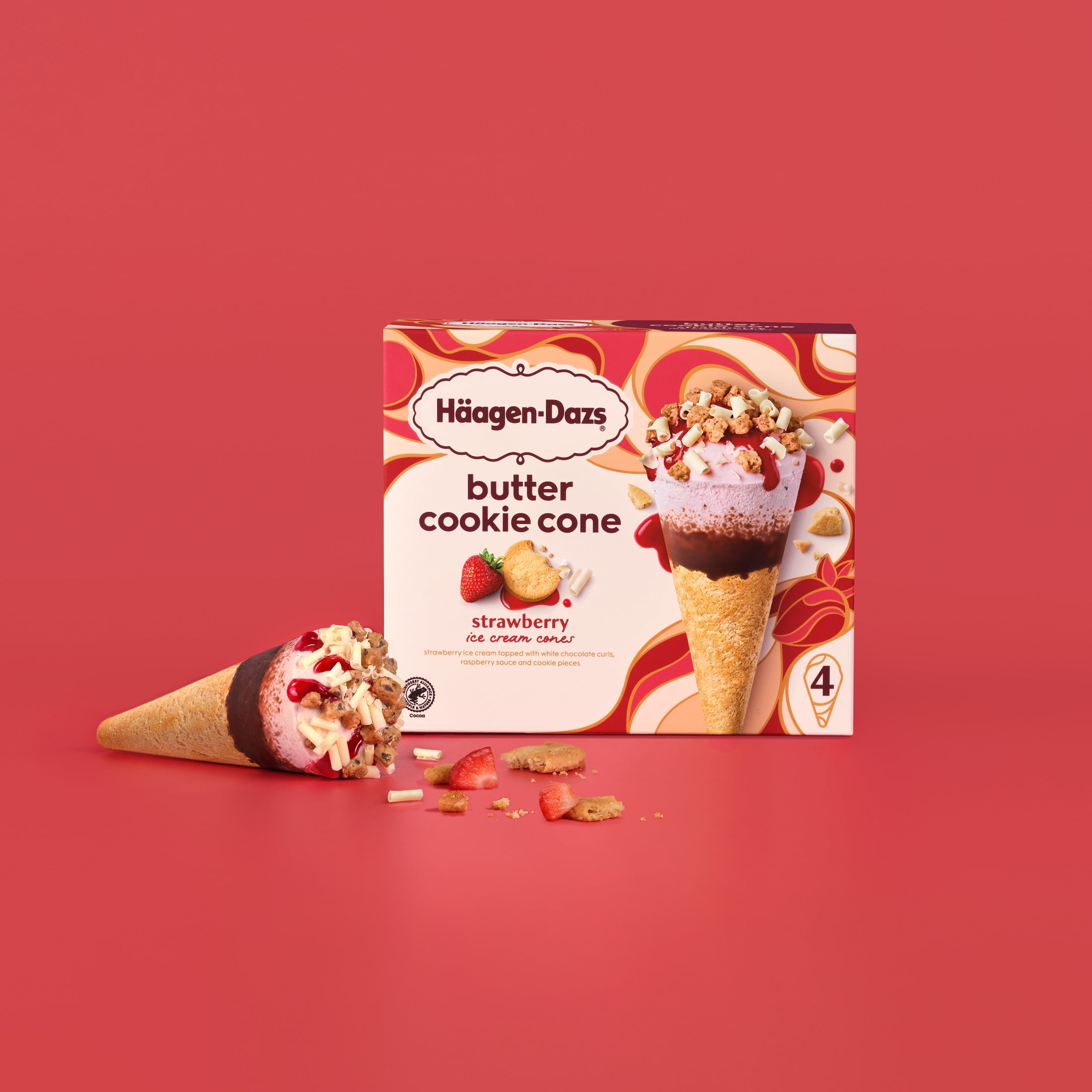 Haagen Dazs Strawberry Butter Cookie Ice Cream Cone Dessert, 4 Count Package