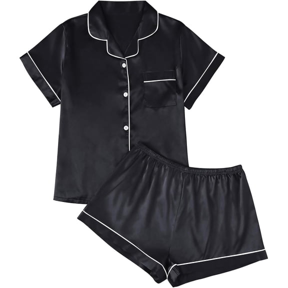 SOMER 2 Piece Pajama Set For Women Silk Satin Lounge Pjs Shorts Matching Summer Sleepwear Button Down Shirt Shorts Black.