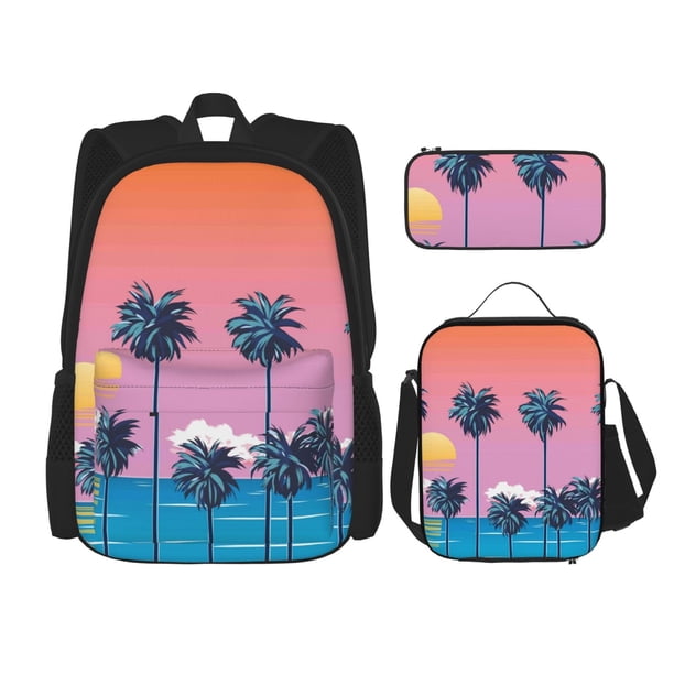 Easygdp Beach with Palm Trees Mochila para Niños y Niñas con Set de Caja de Almuerzo y Estuche para Lápices 3 en 1, Mochila Escolar Estampada para Adolescentes