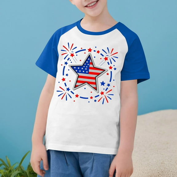 MKOSPLRT Shirts for Kid Red White and Blue Shirts 3-14 Years Short Sleeve Raglan Shirts Crew Neck Independence Day Tshrits Kids Clothes