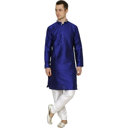 

Royal Mens Silk Blend Kurta Churidar with Neck and Sleeve Piping Details (44 Blue-Multi)