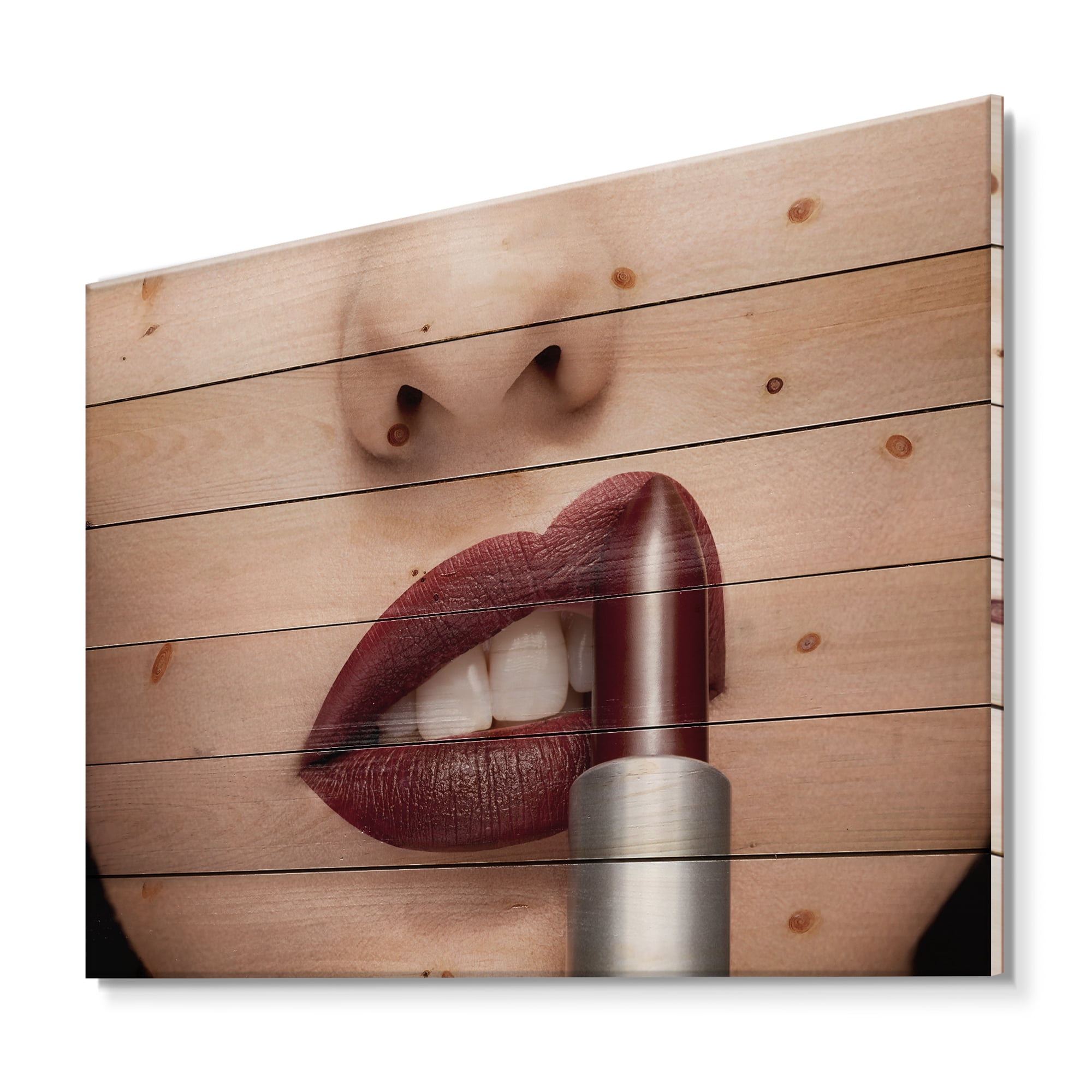 Designart 'Woman Applying Red Lipstick On Lips II' Modern Print on Natural Pine Wood