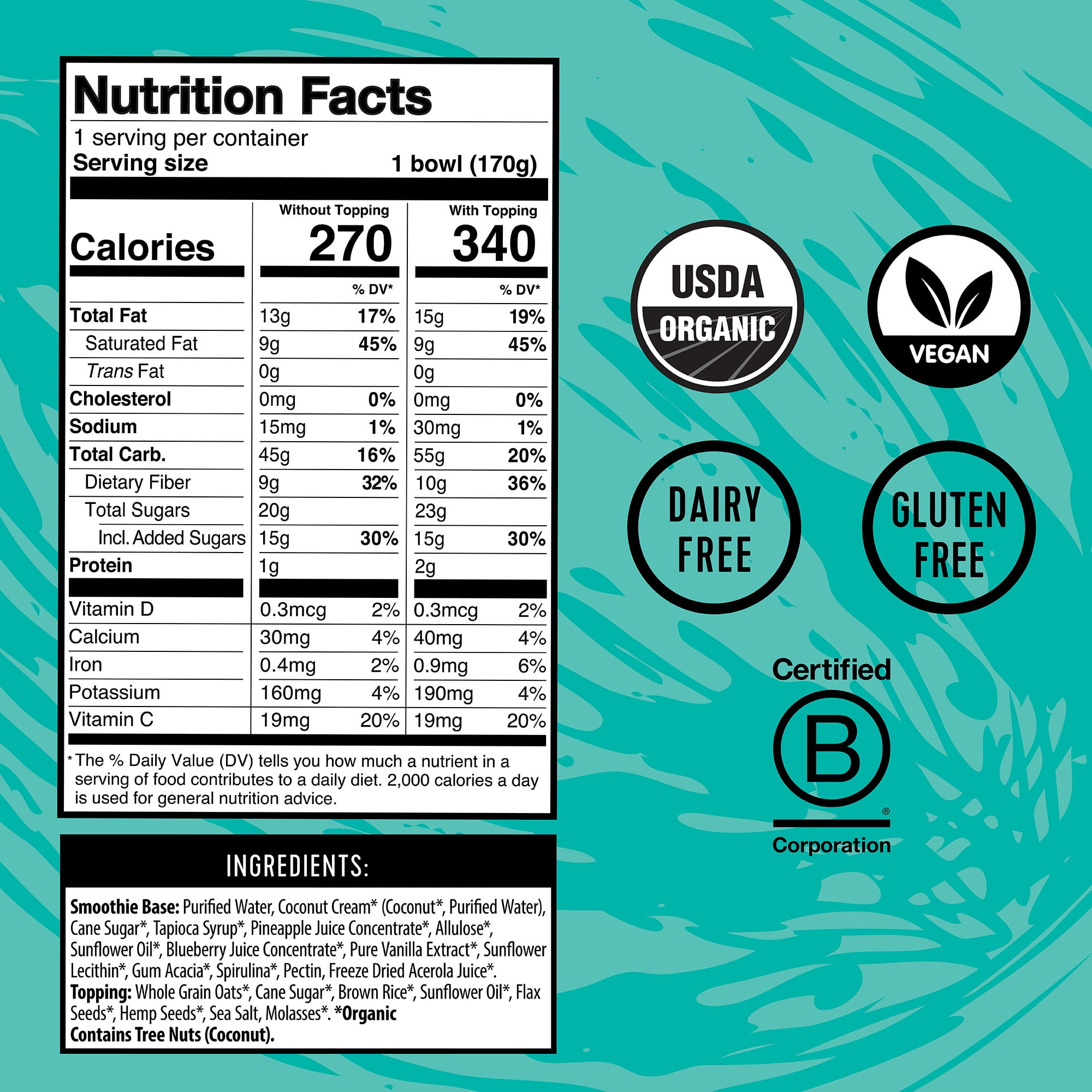 Pitaya Foods Focus Ready-to-Eat Frozen Smoothie Bowl, Coconut, Pineapple, & Blue Spirulina, Organic, 6 oz.