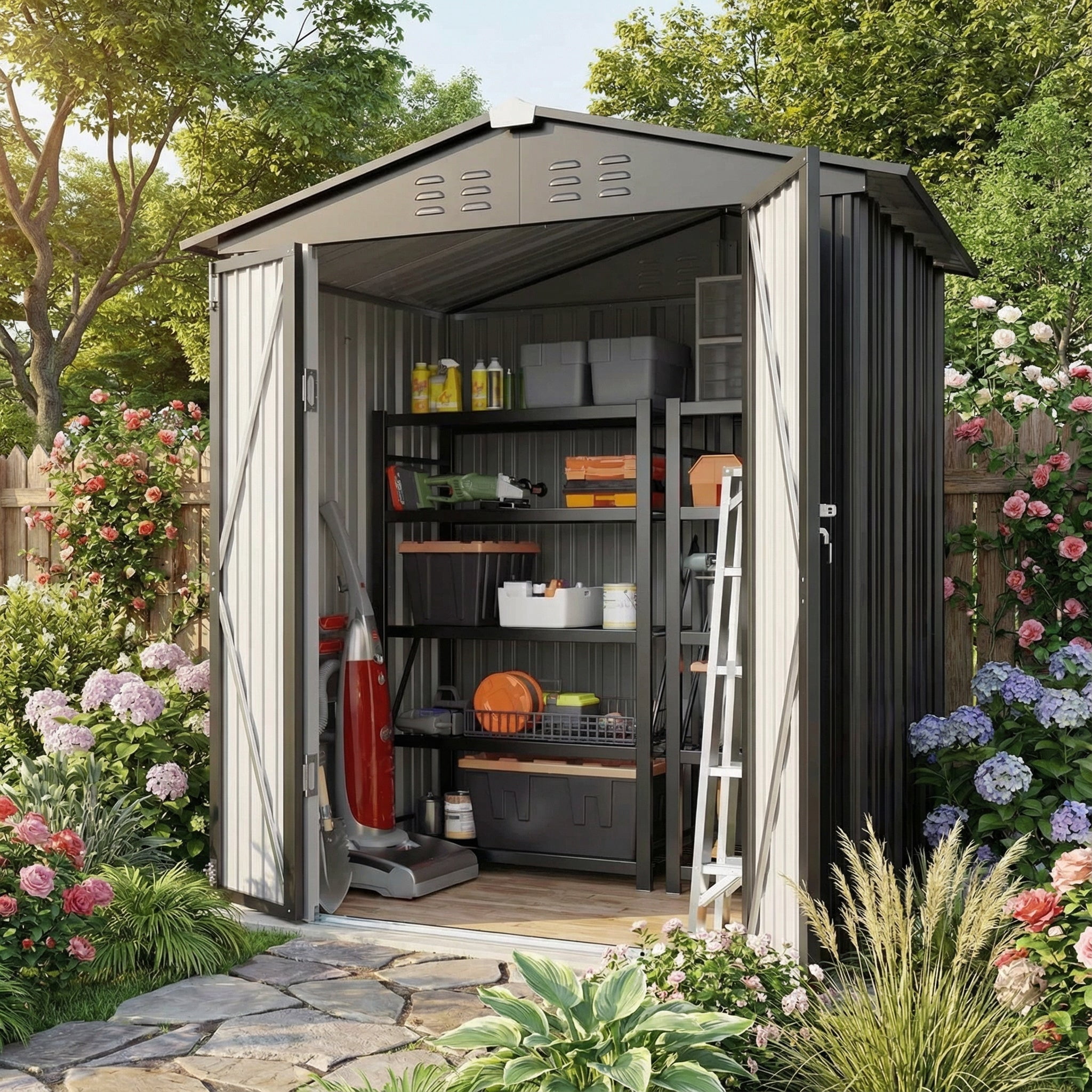6' x 4' Outdoor Storage Shed, Weather-Resistant Iron Garden Shed with Lockable Double Doors for Backyard/Patio/Lawn, Gray