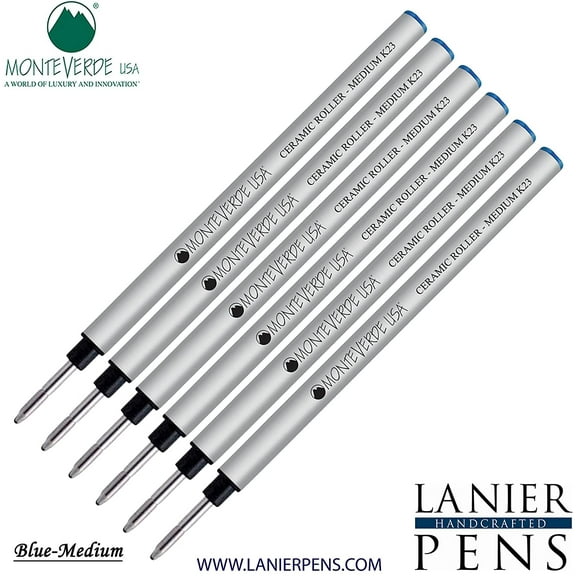 Lanier Combo Pack - 6 Pack - Monteverde Capless Ceramic Rollerball K23 Gel Ink Refill Compatible with most Pelikan Style Rollerball Pens - Blue (Medium Tip 0.7mm)