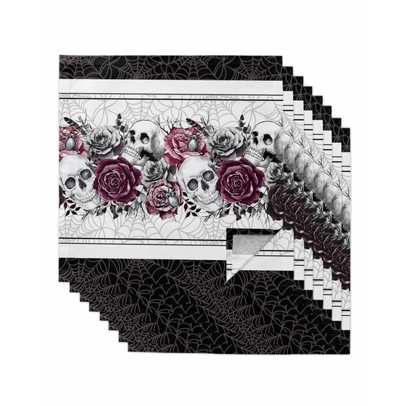Halloween Cloth Napkins Set of 8 Reusable Dinner Napkins, Black Purple Skull Roses Horror Flower Cocktail Napkin Washable Table Napkins for Wedding/Holiday Party/Baby Shower 20"x20"