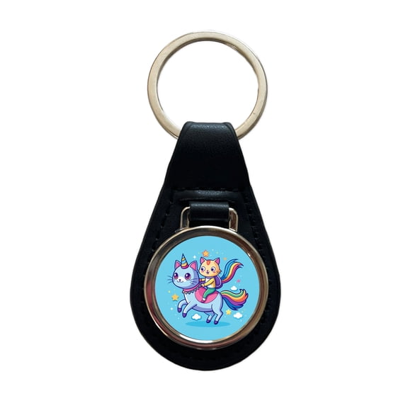 Cat Riding Caticorn Unicorn Funny Metal Black Leather Keychain
