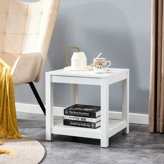 Yardi Yard Wood Square 18" End Side Table with 2 Open Storage Shelf for Small Spaces White