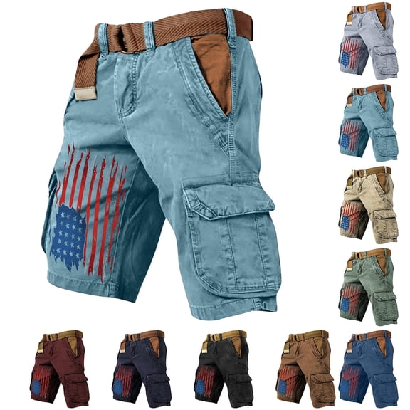 Men's Vintage Distressed Cargo Shorts with Ripped American Flag Print and Multi-Pockets Featuring Relaxed Fit Design Army Green L