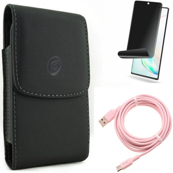 Case Belt Clip & 10ft Long USB-C Cable & Privacy Screen Protector for Samsung Galaxy Note 20 (6.7") - Combo with Leather Holster & Pink Charger Cord & TPU Film Anti-Peep