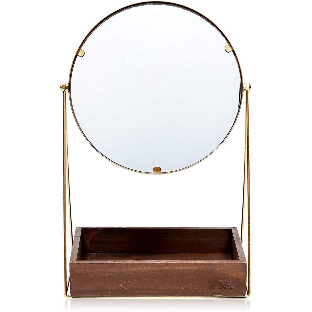 Vintage Vanity Mirror with Stand and Tabletop Storage Tray for Makeup