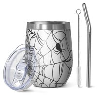 12oz Stemless Wine Tumblers Black Halloween Spider Webs Vacuum Insulated Stainless Steel Travel Tumbler Cups Mug with Lid and Straw for Champaign,Cocktail,Beer with Cleaning Brush