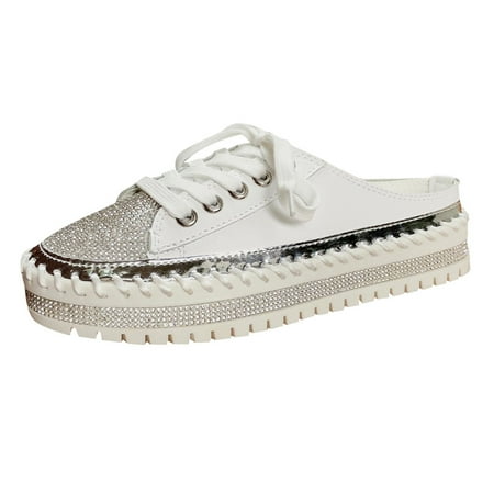 

Fashion Womens Flats Heel Rhinestone Lace-Up Platform Loafers Slippers