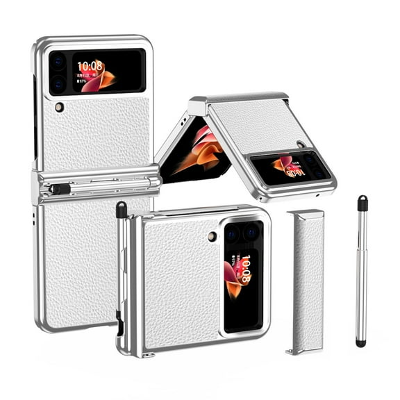 Dteck Cover for Galaxy Z Flip 3/ Flip 4 Case with S Pen Holder(Come with a Stylus Pen), Two Hinge Protection Folding Folio Hard PC & PU Leather Case for Samsung Z Flip 4 2022, White/Silver
