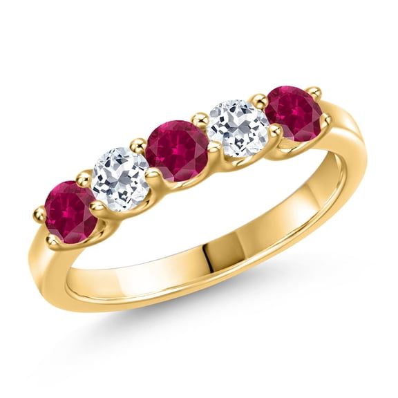 Gem Stone King 18K Yellow Gold Plated Silver Red Created Ruby and White Topaz Wedding-Bands Ring for Women | 1.18 Cttw | Round 3.5MM | Gemstone July Birthstone | Size 6