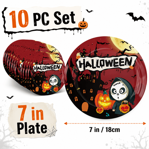 Cmunyle Halloween Paper Plates 10 PC 7 in Disposable Plates with Pumpkin and Ghost Design for Party Treats and Holiday Meals