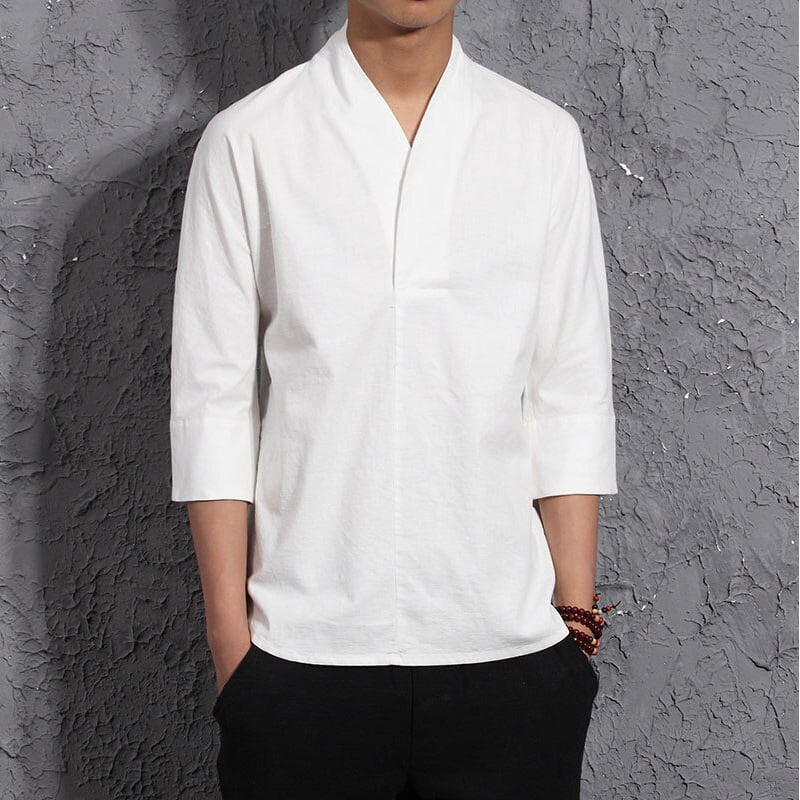 Comaba Men Casual Solid-Colored Linen Chinese Style Classic T-Shirt