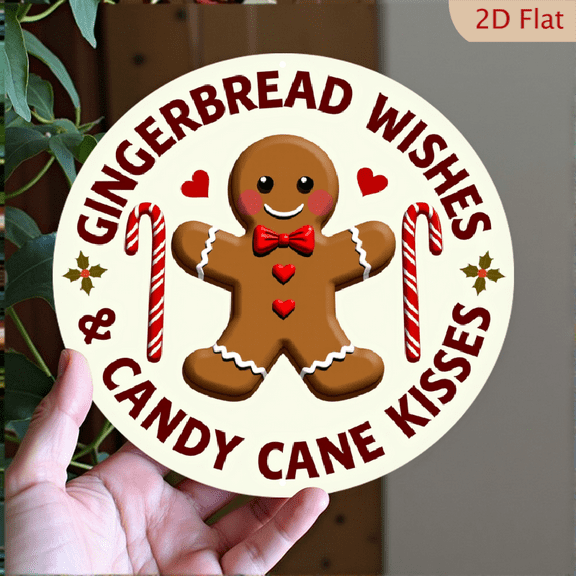 1-Pack Vintage Christmas Gingerbread Wishes Candy Cane Kisses Round Sign - 7.87x7.87 Inch Aluminum Foil Engraved Metal Wall Art, Lightweight Holiday Decor for Home, Restaurant, Bar, Cafe, Door