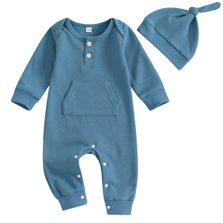 

Newborn Infant Baby Boys Rompers Solid Color Waffle Buttons Long Sleeve Toddler Fall Bodysuits Jumpsuits with Hat