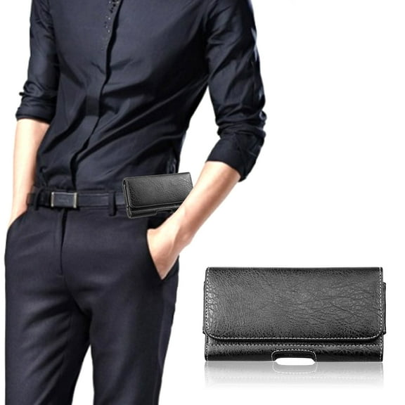 For iPhone 13 Pro Max, 12 /11 Pro Max, Galaxy Note Pouch Case, Universal Horizontal PU Leather Case Pouch Holster Magnetic Closure, Belt Clip, Loops & Card Slots Cover - Black