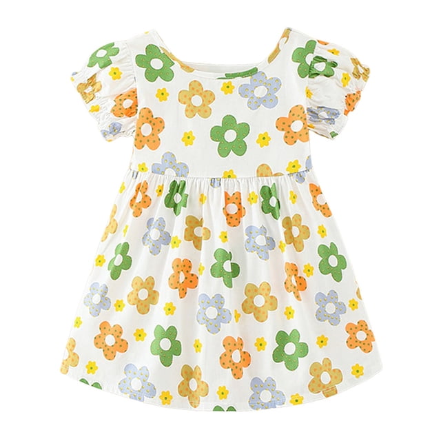 felwors Robe d'Été pour Filles, Encolure Carrée, Manches Courtes, Taille Croisée, Robe Trapèze Courte Décontractée