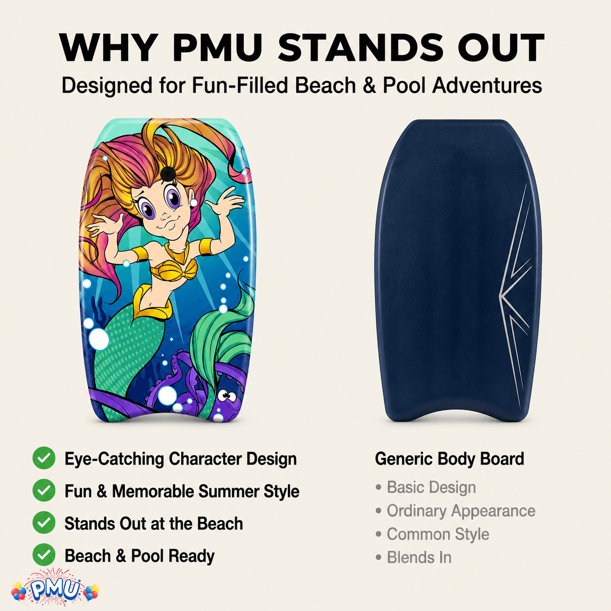 PMU 26 Inch Mermaid Printed Bodyboard - Lightweight Wrist Leash