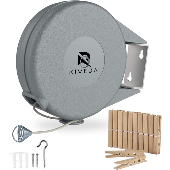 RIVEDA Retractable Clothesline with 12 Wooden Clothespins - 40 Feet PVC Clothesline Rope with Heavy Duty Wall Mount – Perfect Portable Laundry Line for Indoor & Outdoor Use - Gray
