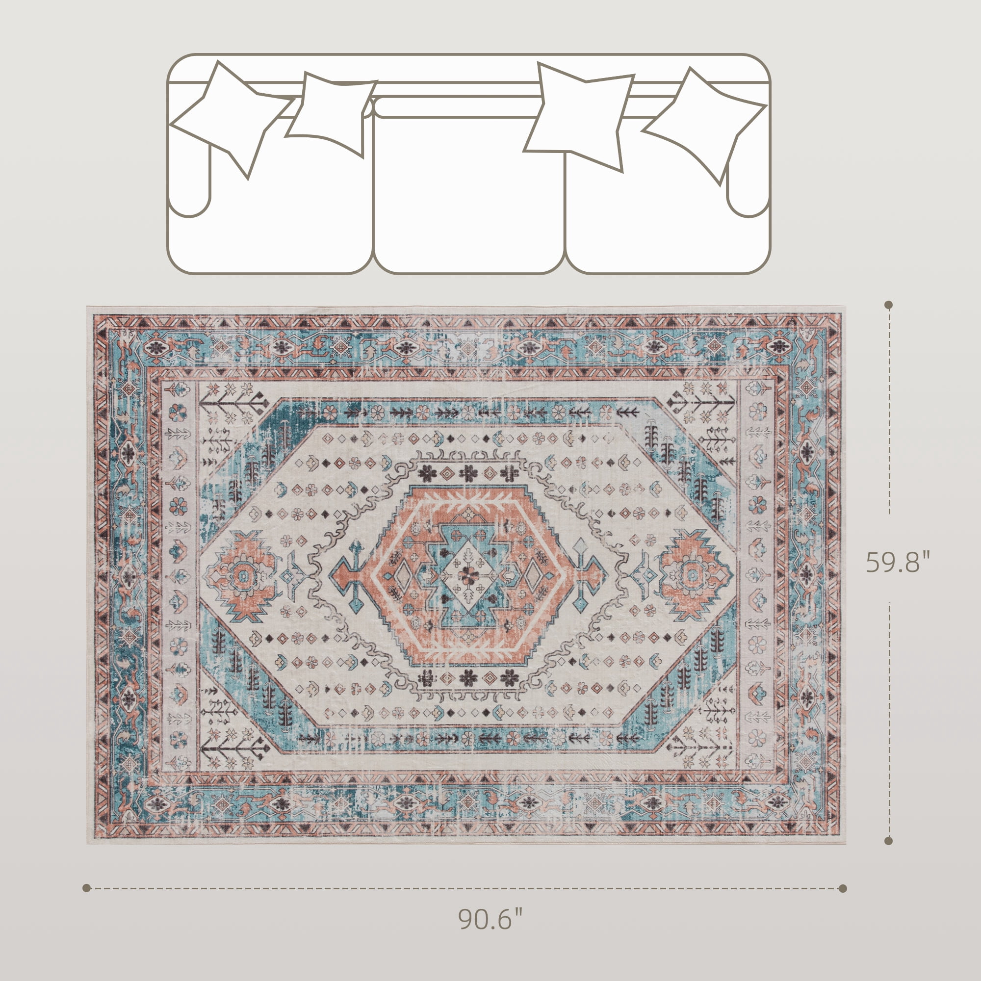 HOMCOM 5x7 Area Rug, Vintage Machine Washable Rug, Non-Slip Floor Carpet for Living Room, Bedroom, Dining Room, Home Office, Brown and Blue