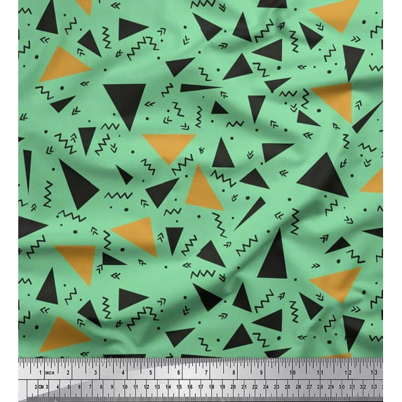 Soimoi Green Japan Crepe Satin Fabric Dot,Zig Zag & Triangle Geometric Decor Fabric Printed Yard 42 Inch Wide