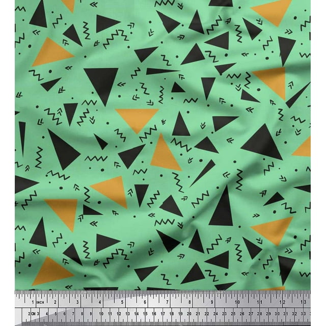 Soimoi Green Poly Georgette Fabric Dot,Zig Zag & Triangle Geometric Print Fabric by Yard 42 Inch Wide