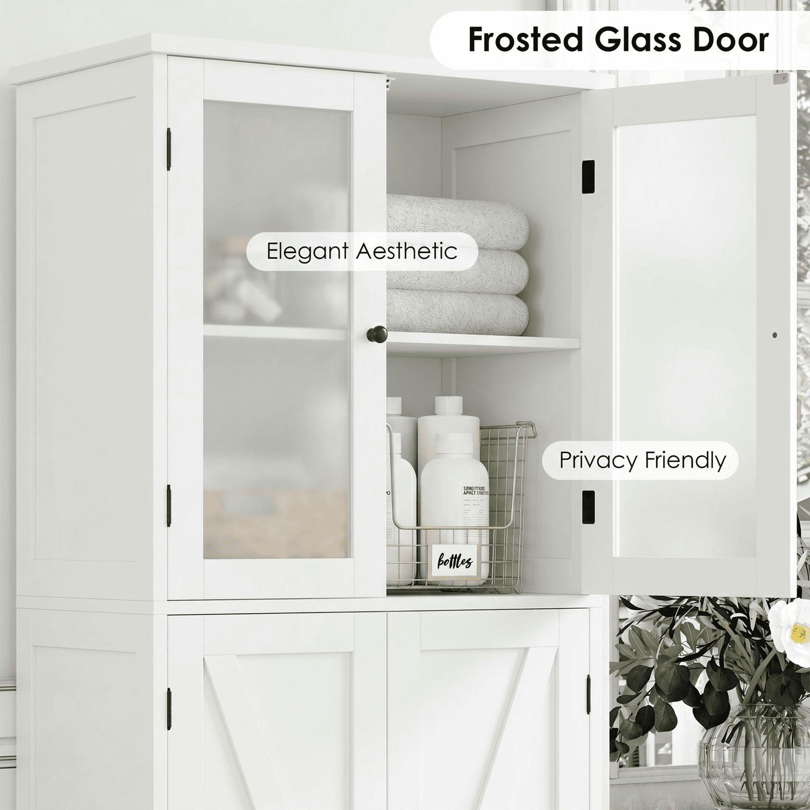 Homfa 67" Farmhouse Kitchen Pantry Storage Cabinet with Glass Doors, Freestanding Cupboard Storage Cabinet for Small Space, White